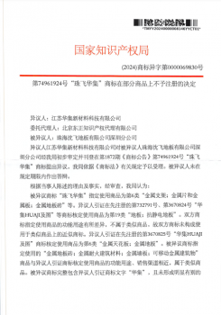 第74961924號“珠飛華集”商標再部分商品上不予注
